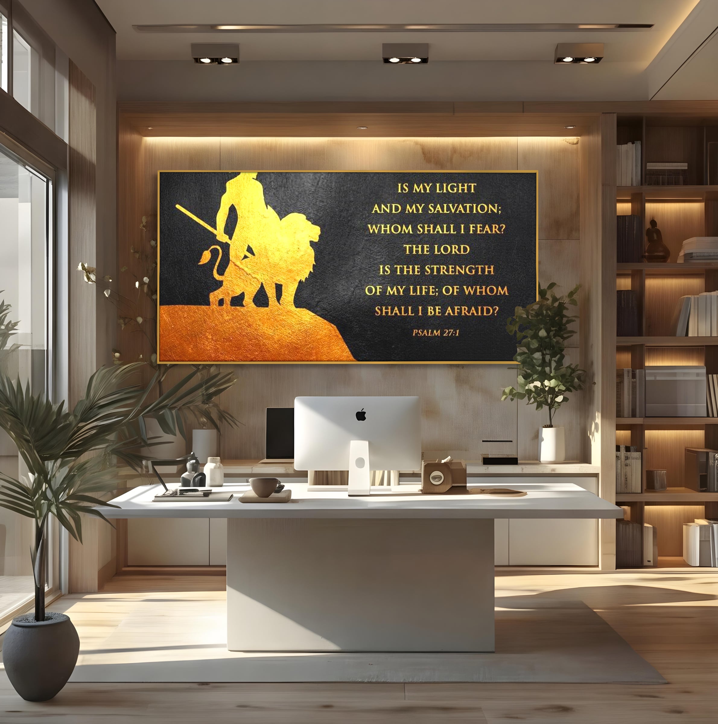 Tablou canvas cu tablou canvas cu razboinic si leu, in rama de aluminiu auriu, pe perete intr-un birou